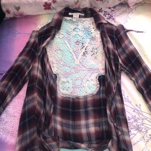 AMERICAN RAG lace back plaid cardigan